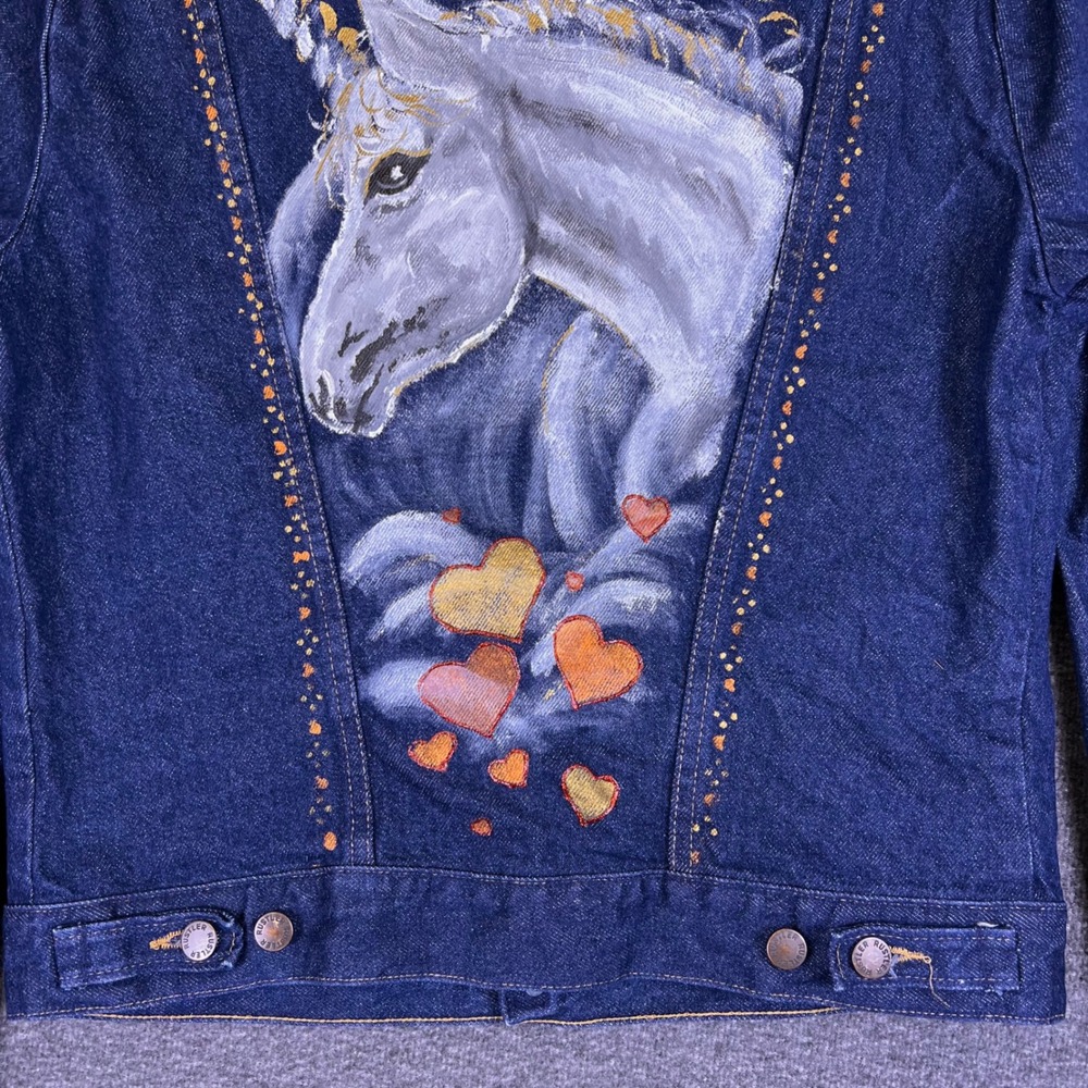 VTG Rustler Denim Jacket Mens Med Womens Custom Rachel Hand Painted Unicorn READ - Picture 10 of 16